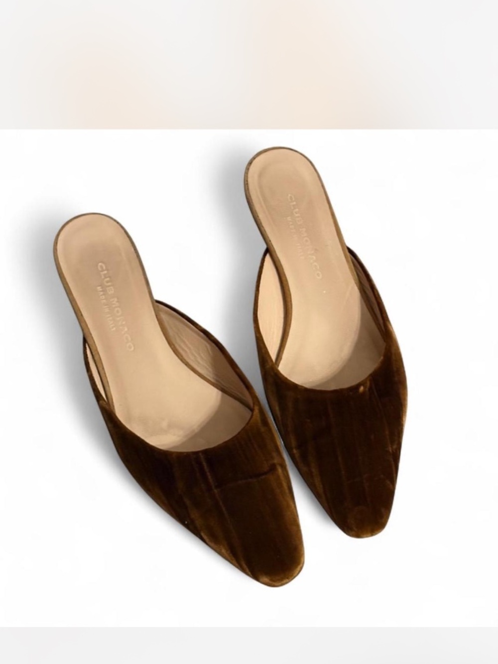 Club Monaco Zaydie Velvet Pointed Toe Mules in Marigold- Bronze Brown